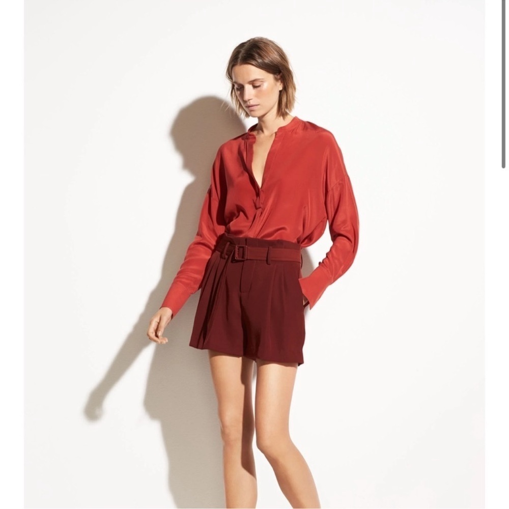 Vince Silk Band Collar Blouse Adobe Red Long Sleeve Minimalist Size M